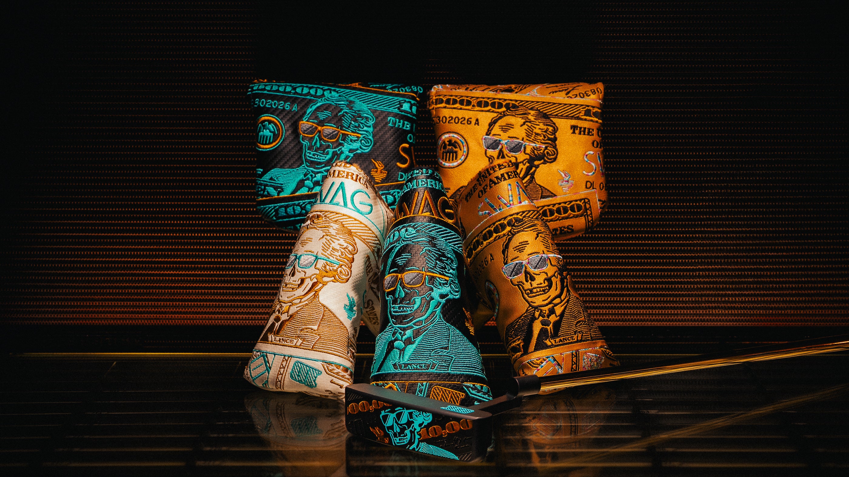 SWAG Golf Lance $10M dollar bill themed golf headcovers and limited edition putter. Open for limited time lottery purchase.