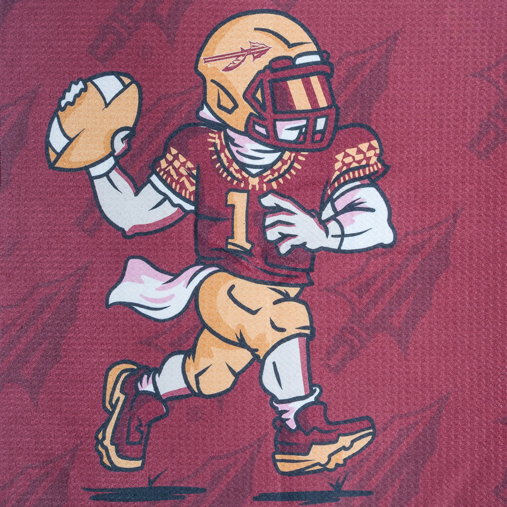 Burgundy Florida State Seminoles golf towel with football player graphic and logo on a black background