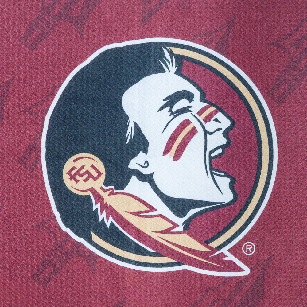 Burgundy Florida State Seminoles golf towel with football player graphic and logo on a black background