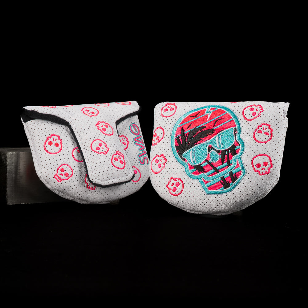 Sunset Skull Boss Mallet headcover in white with neon pink all over skull design and SWAG branding.