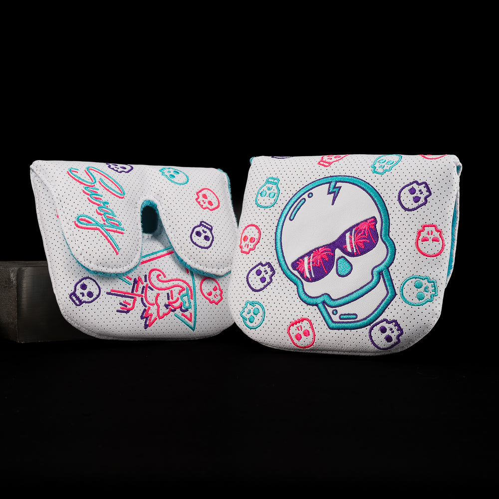 Vice Skull Large CS Mallet cover in white with neon pink, teal, and purple skull pattern.