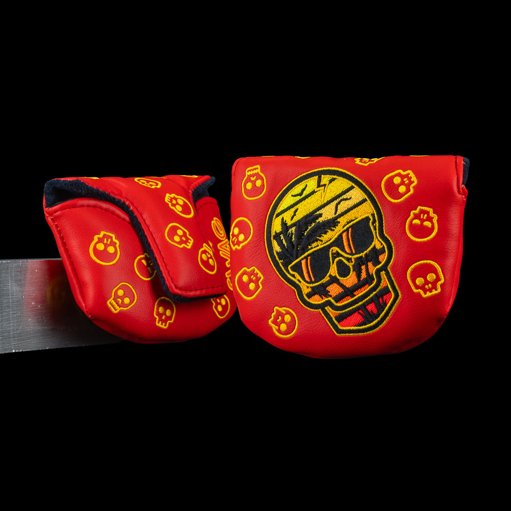 Sunset Skull Boss Mallet Cover in red with all over gold skull pattern with SWAG branding.