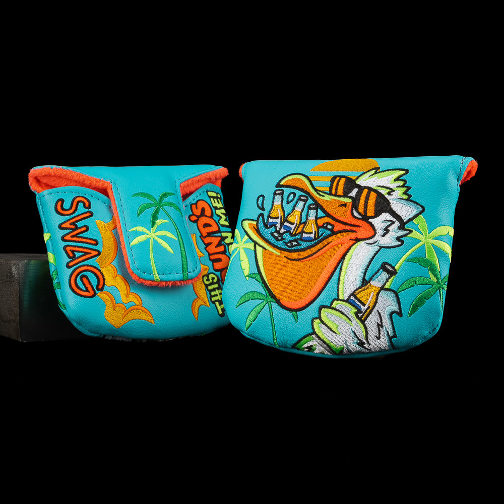 Pelican Mallet Cover in blue with cartoon pelican, palm tree design, and SWAG Golf branding.