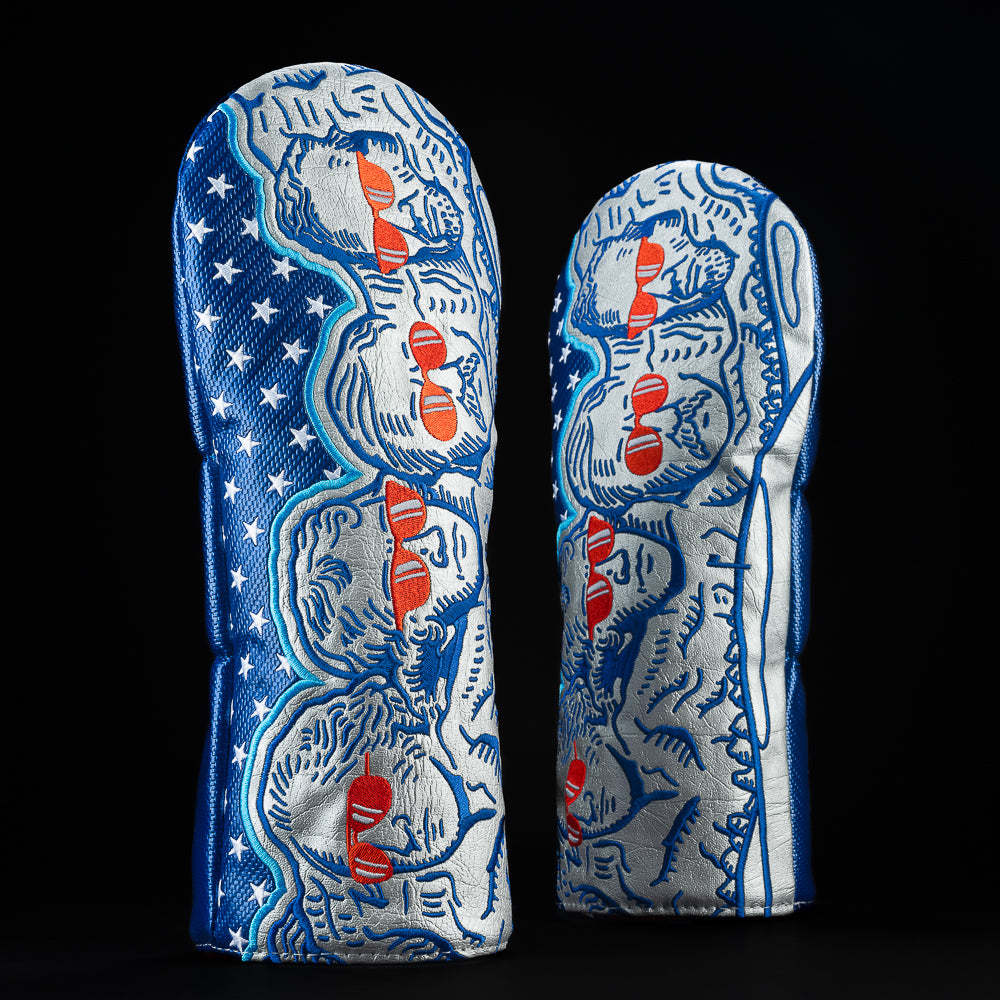 Mt. Fore Fathers blue with white stars and the four founding fathers with red sunglasses driver golf club headcover. Made in the USA.