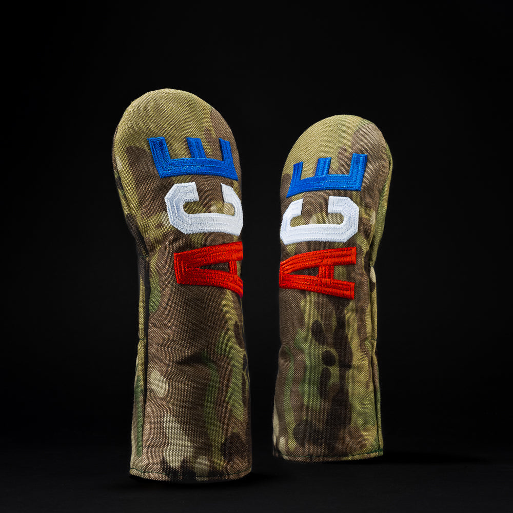 Ace Small Talk camo print with red, white and blue Hybrid golf head cover. Made in the USA.