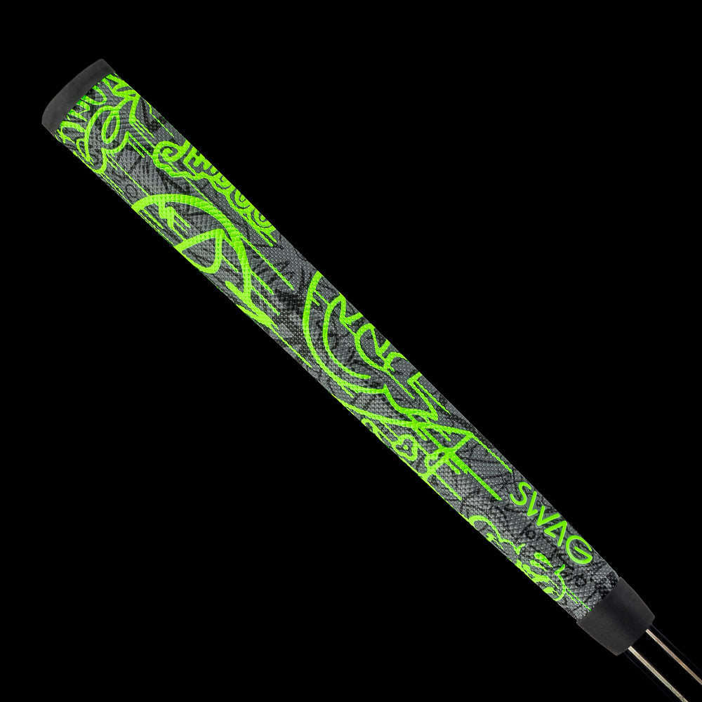 SWAG Golf fully tagged graffiti neon green drip midsize putter grip.
