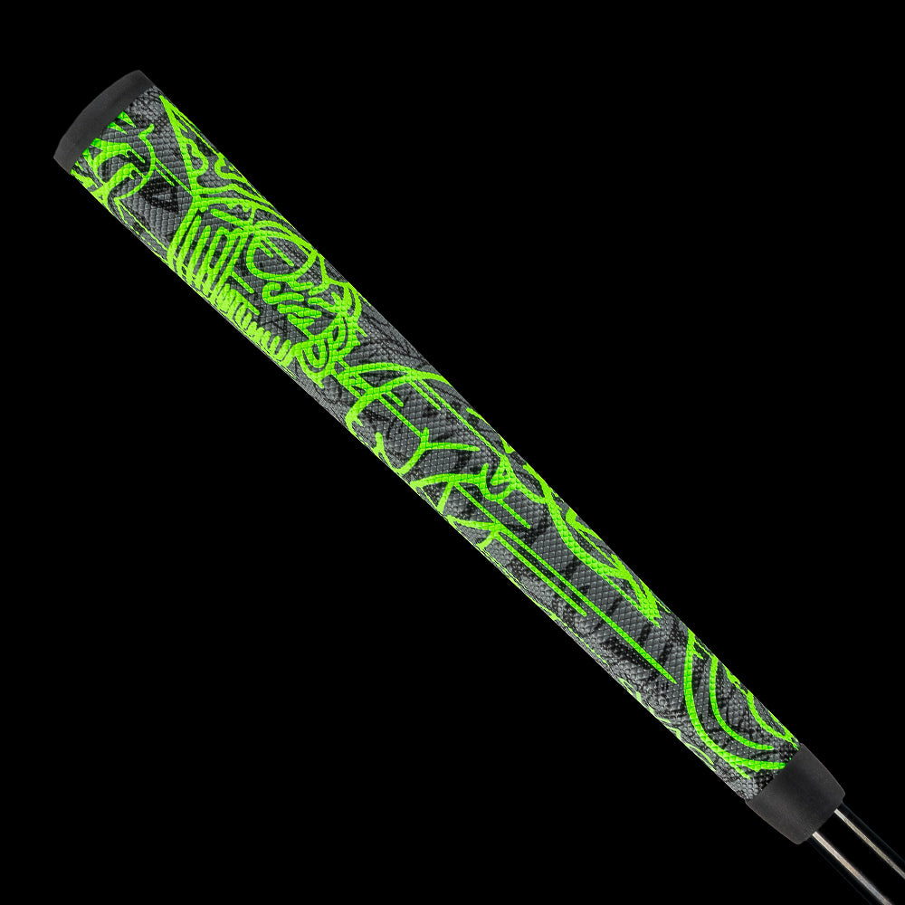 SWAG Golf fully tagged graffiti neon green drip midsize putter grip.
