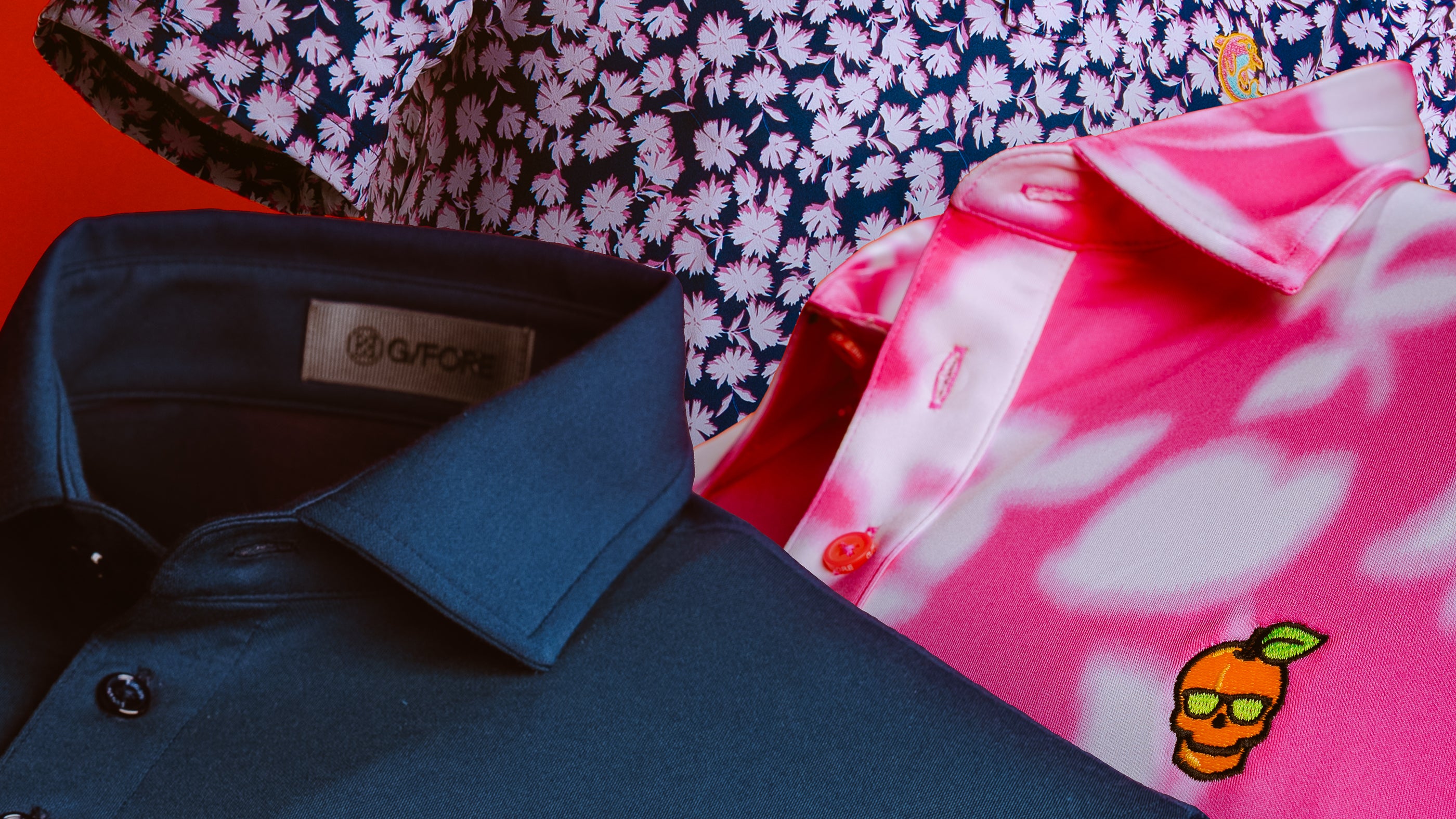 New G/FORE x SWAG Golf apparel collab featuring men's polos and a women's quarterzip.