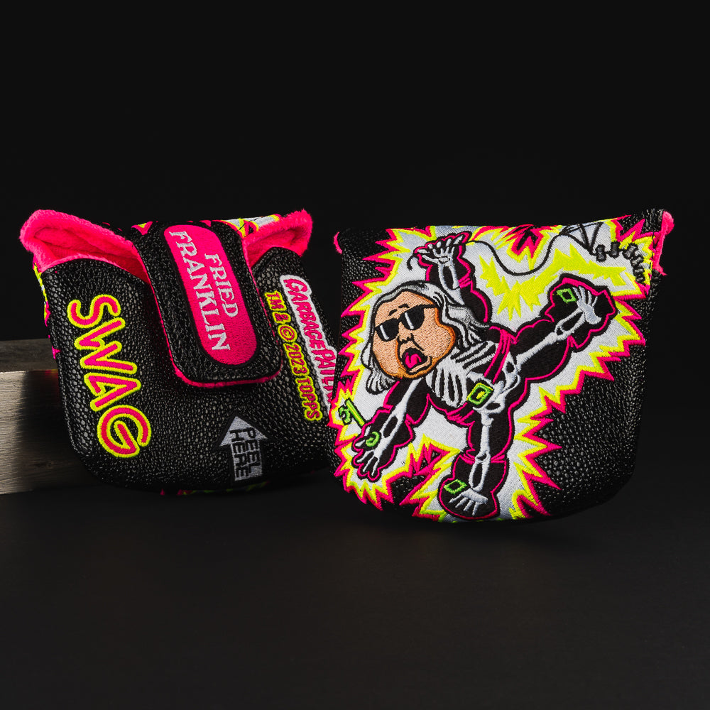 Garbage Pail Kids Fried Franklin special black and pink mallet putter golf club head cover made in the USA.