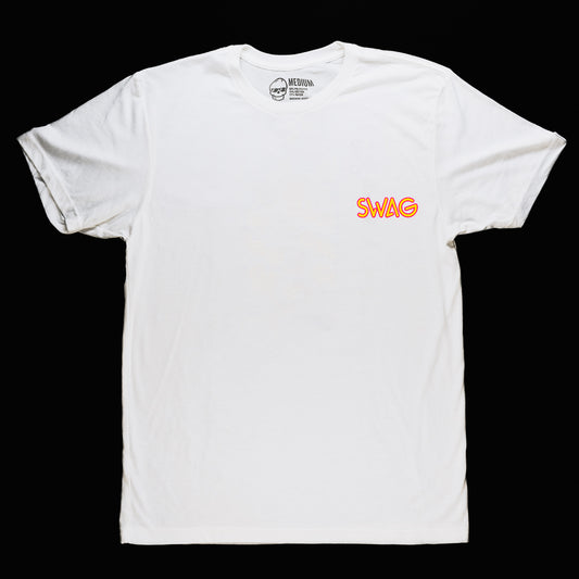 Swag Golf Co movie themed white short sleeved graphic print t-shirt.