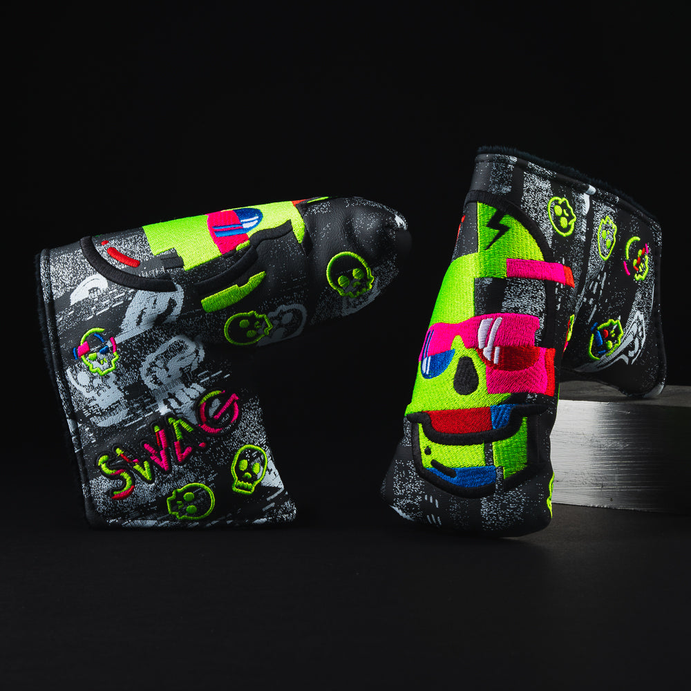 NFT only black, gray, green, pink, red and blue glitch skull blade putter golf head cover made in the USA.