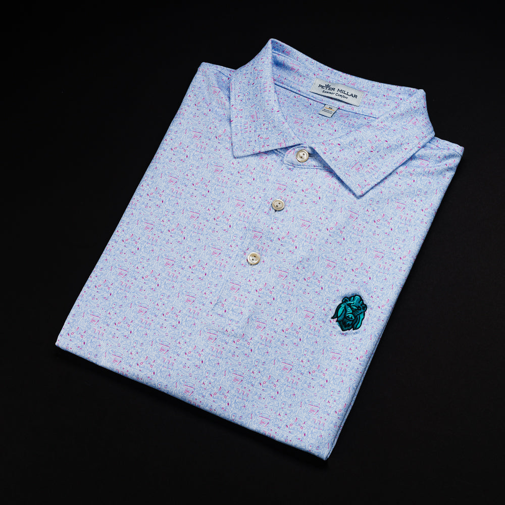 Swag x Peter Millar Chicago movie themed print men's short sleeve golf polo shirt with an embroidered green lion on the chest.