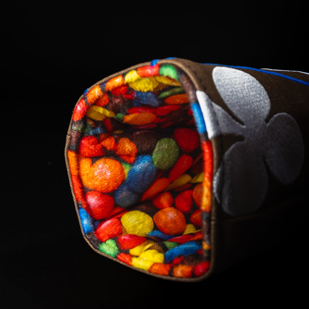 Candy King Chocolate Coated driver and fairway headcover in brown, green, blue, yellow and white.