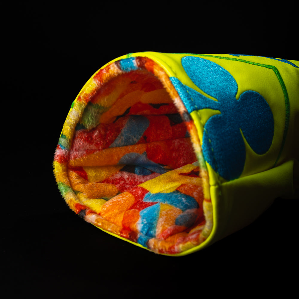 Sour Candy King driver and fairway headcover in neon green, neon yellow, blue, red and orange.