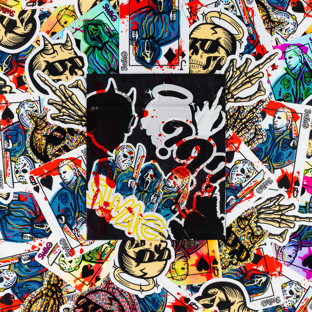 Halloween Sticker Pack with graphics of skulls, horror characters, middle finger with colors of; red, pink, blue, green, black and white.