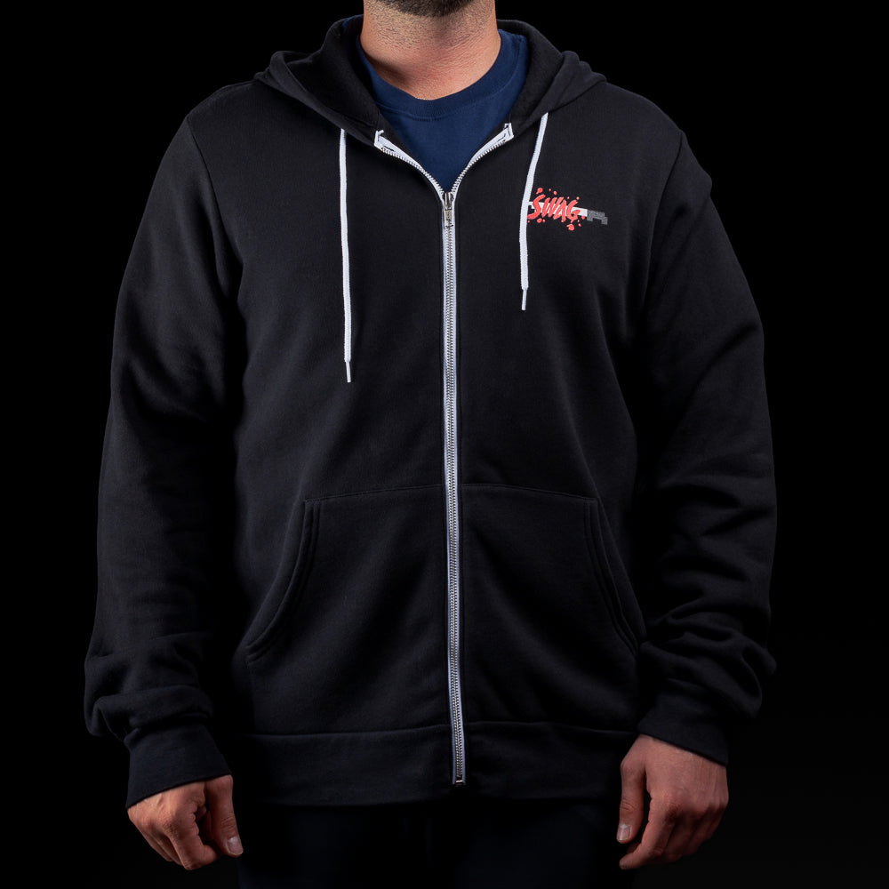 Black SWAG 13 Over Par Zipper Hoodie with small chest logo and retro horror-style graphic on back.