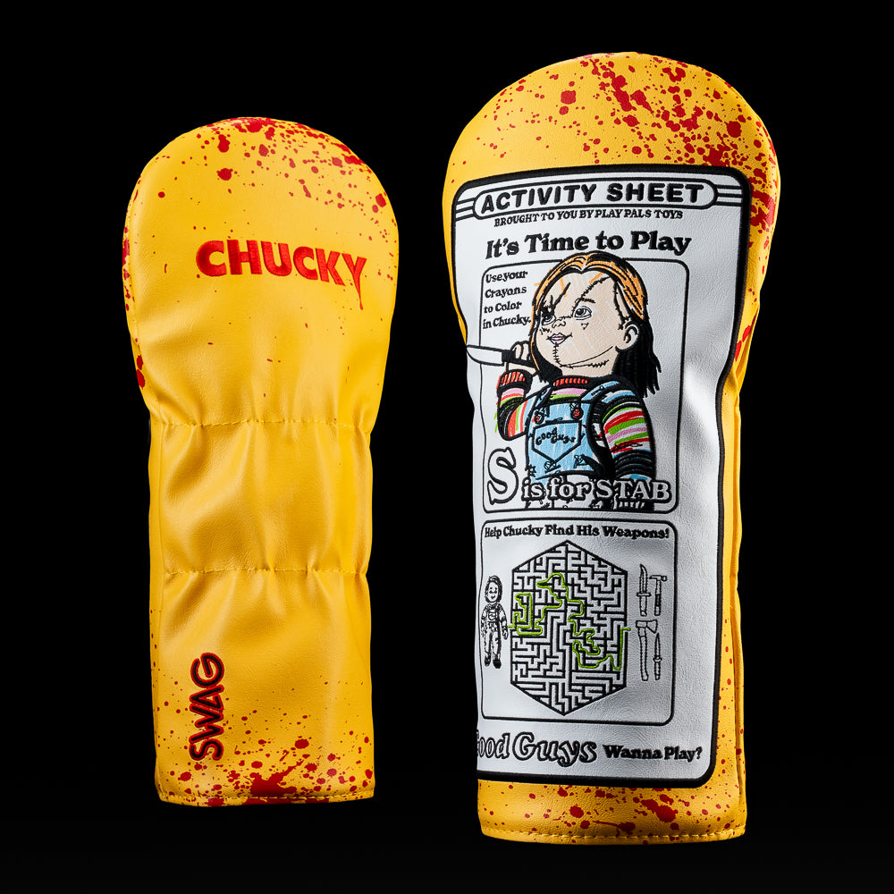 Chucky Activity Sheet Driver Cover with maze, coloring sheet design, and blood-splatter detail.
