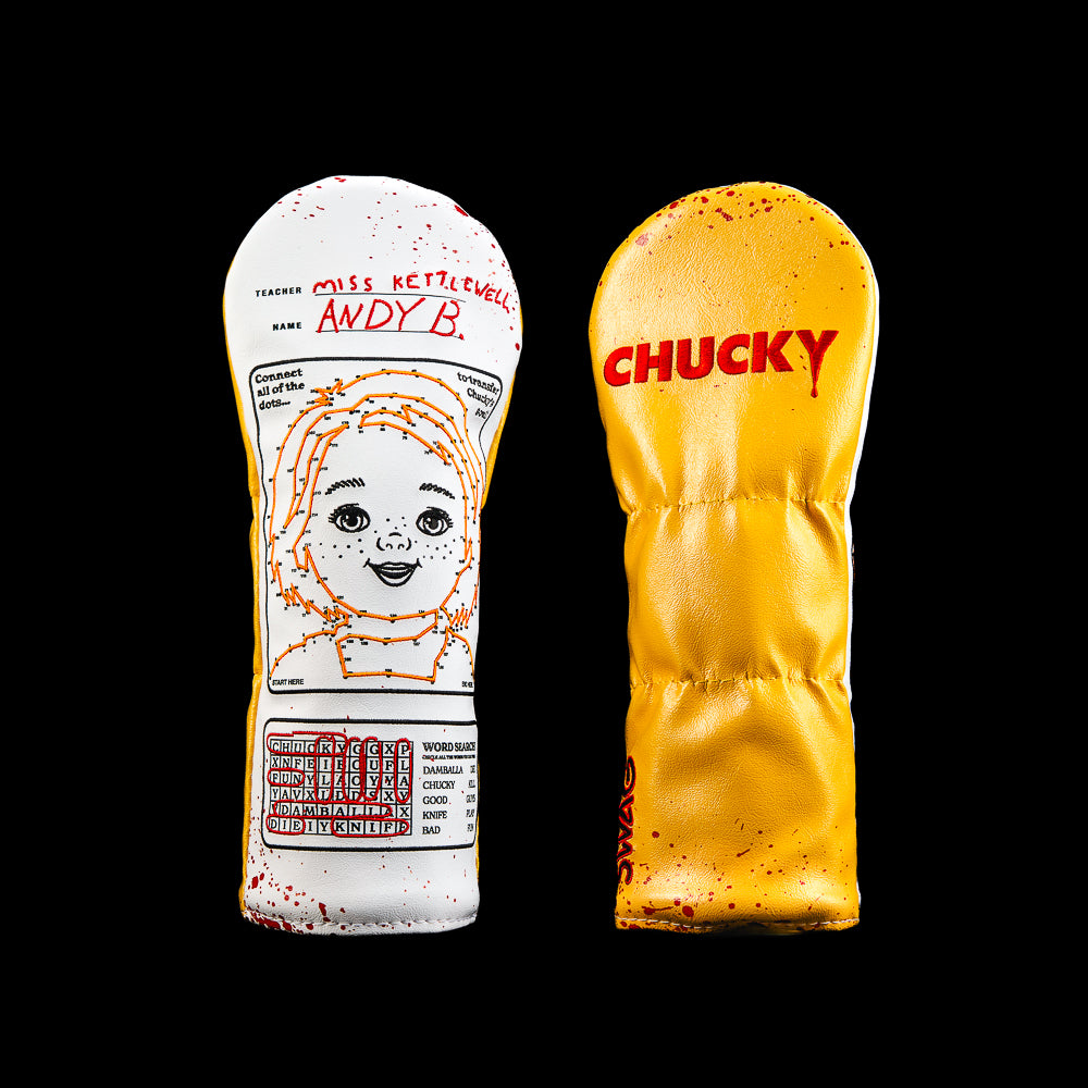 Chucky Activity Sheet Fairway Cover with connect-the-dots Chucky face and blood-splatter design.