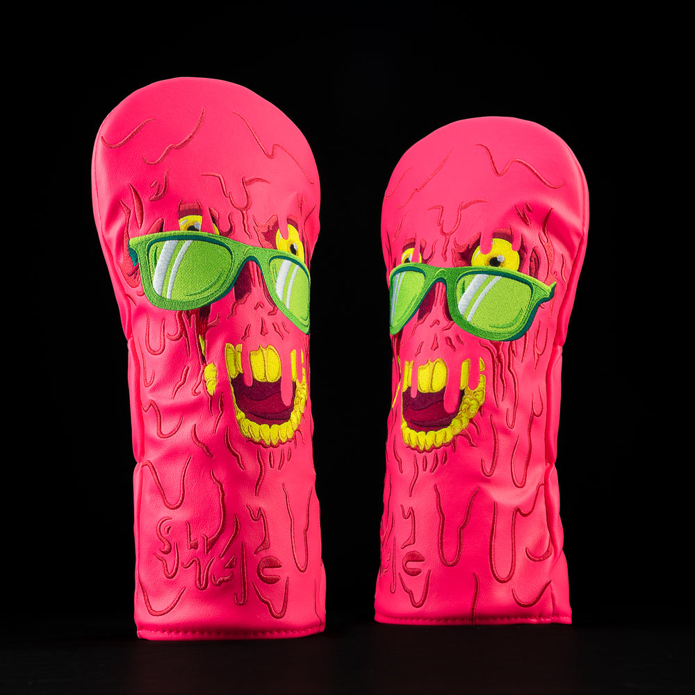 Course Creeper Driver Headcover with neon pink slime monster design and green sunglasses.