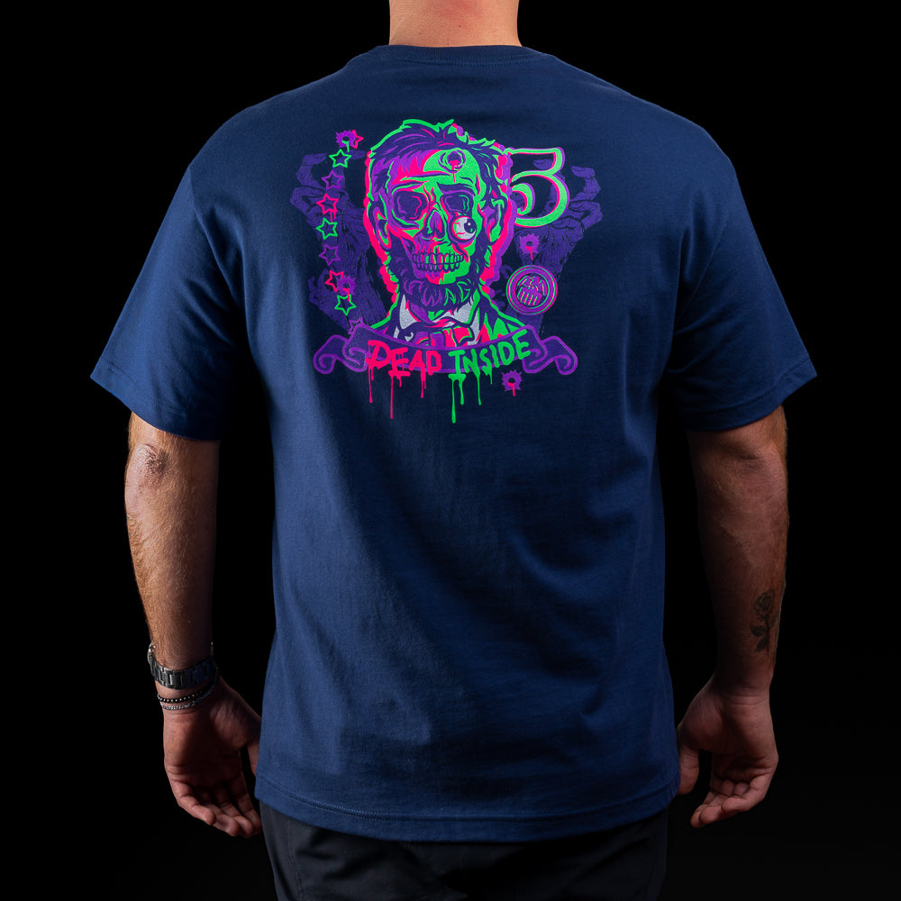 Navy Dead Inside SWAG T-shirt with dripping logo front and neon zombie Lincoln graphic on back.
