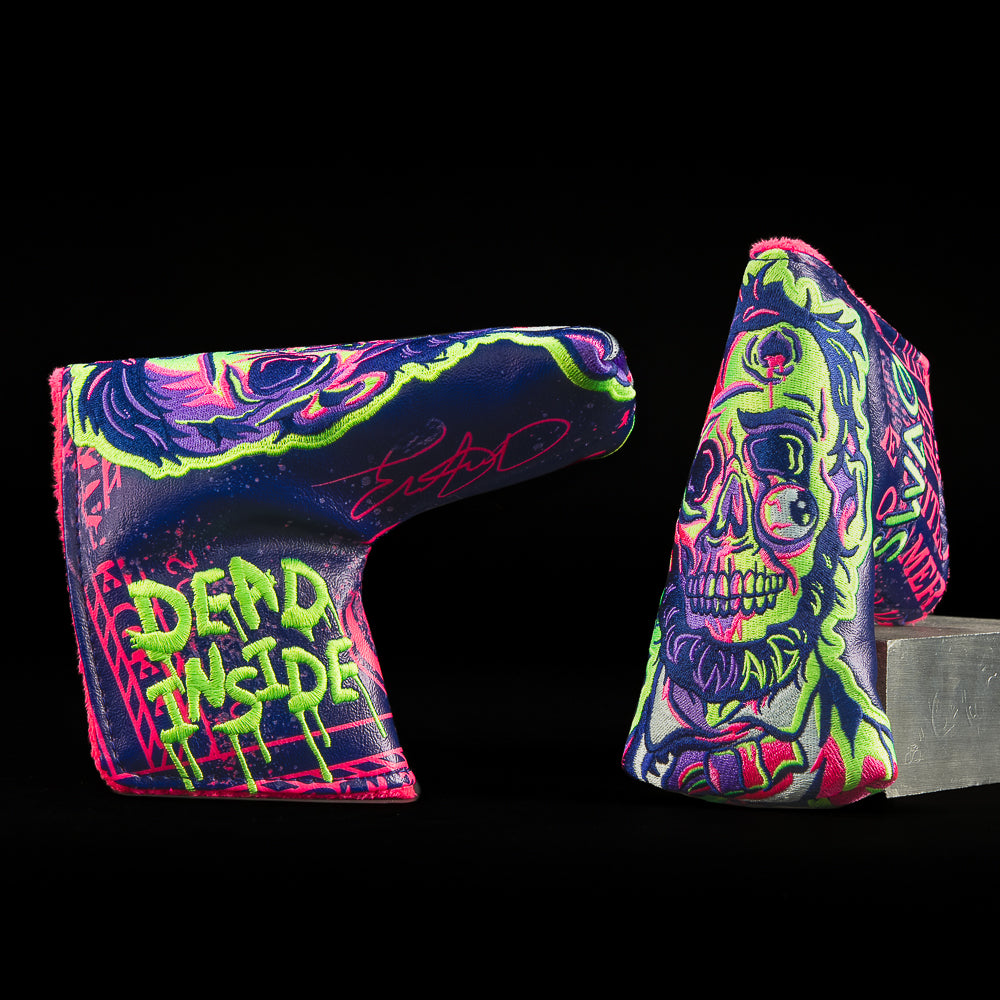 Dead Man Walking Blade Putter Cover with neon half-skeleton Lincoln and graffiti-style design.