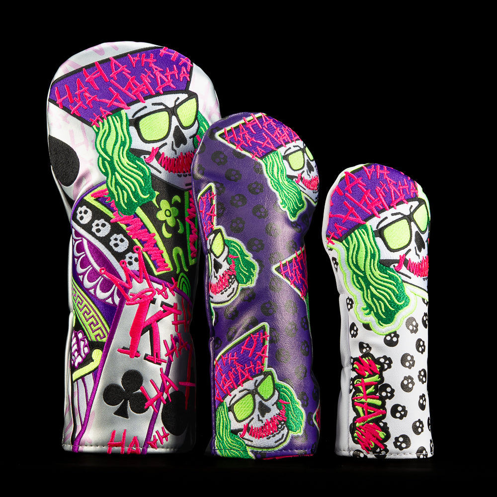 Defaced Skeleton King set includes Driver, Fairway, and Hybrid Headcover with neon skull king designs and graffiti HA scribbles.