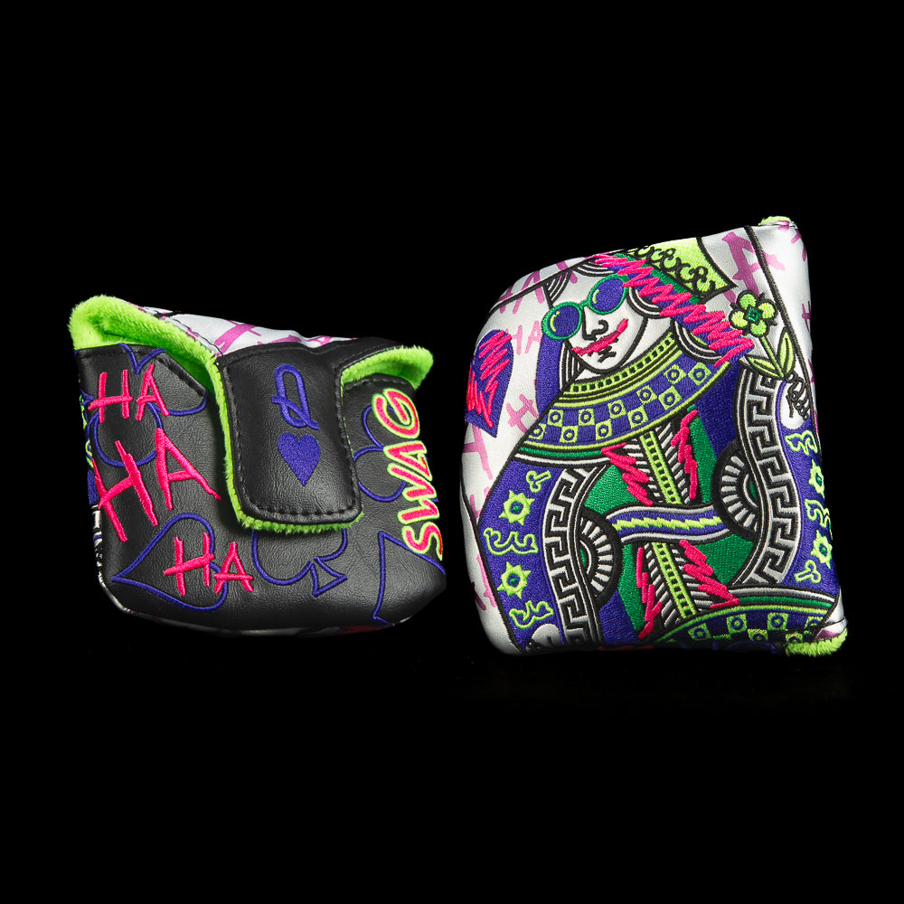 Defaced Queen Mallet Putter Cover with neon graffiti Queen playing card design.