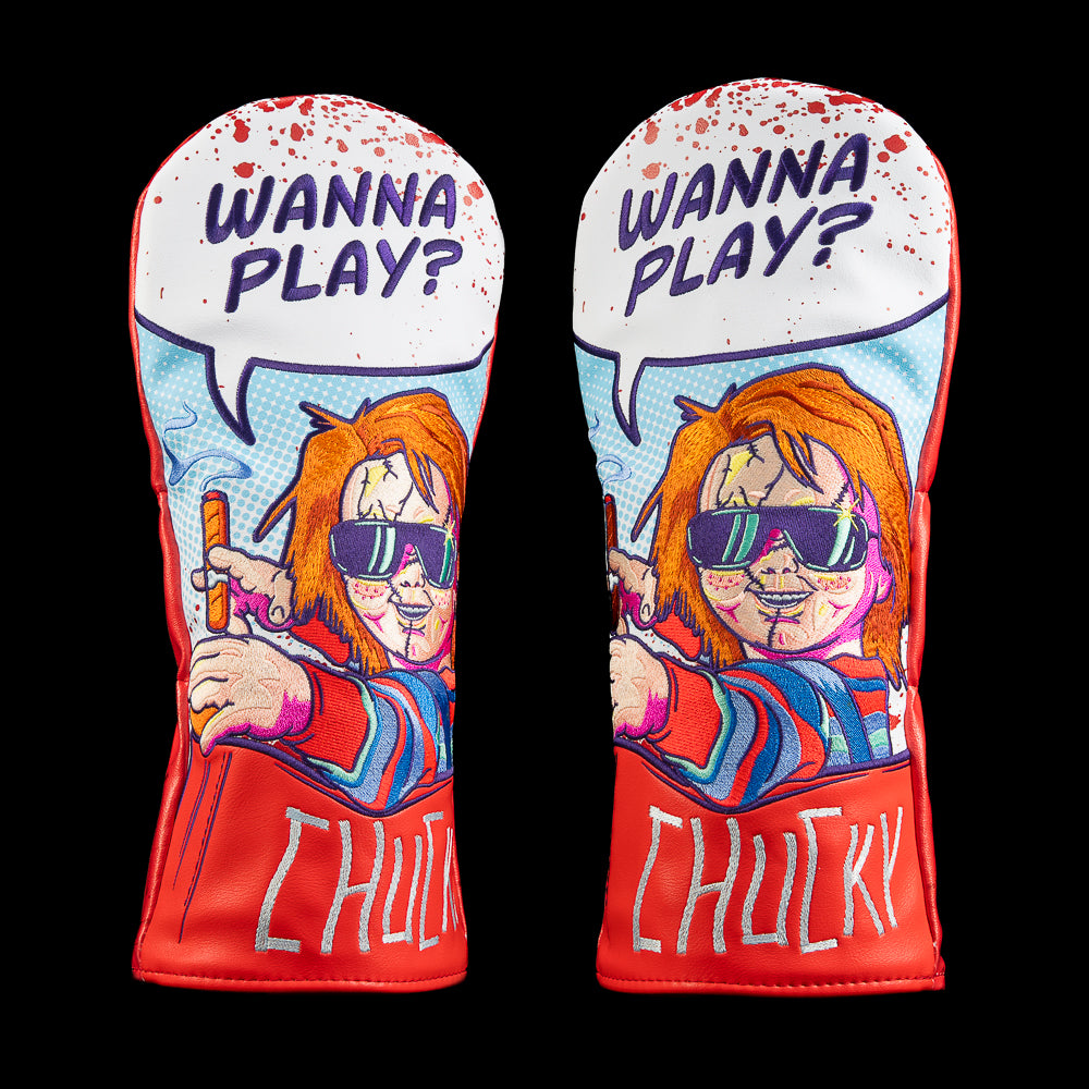 Director Chucky Driver Headcover with comic-style Chucky art, blood splatter, and “Wanna Play?” detail.