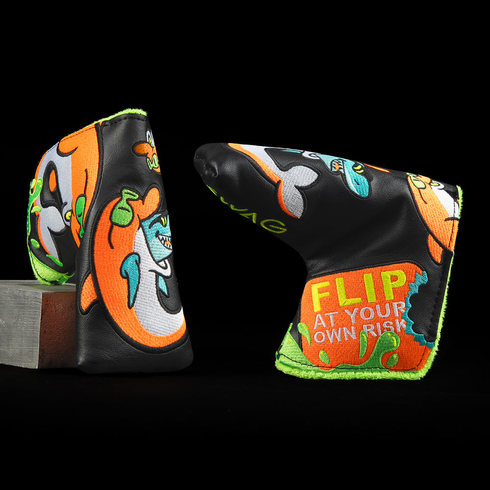 Flipper Bait Standard Blade Putter Cover with neon cartoon dolphins and “Flip at your own risk” tag.