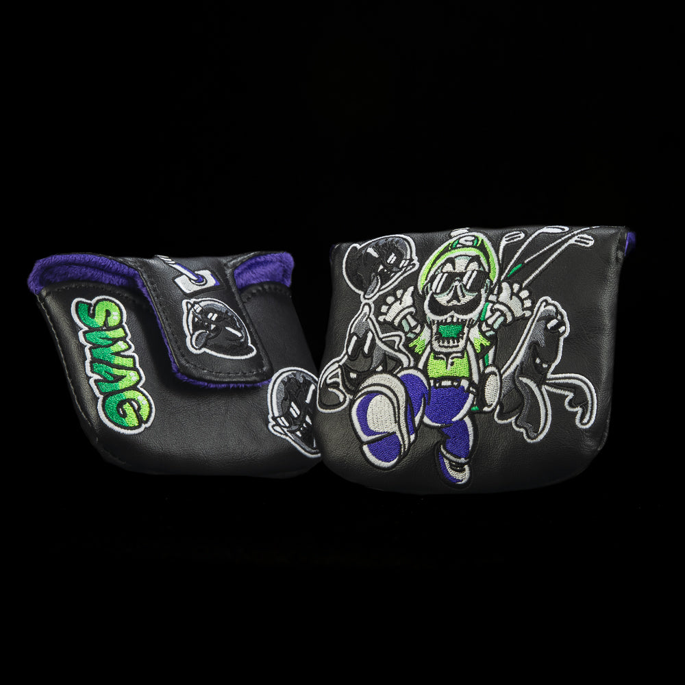 Glow-in-the-Dark Mamma Mia! Mallet cover featuring neon skeleton plumber design in green, purple, and black.