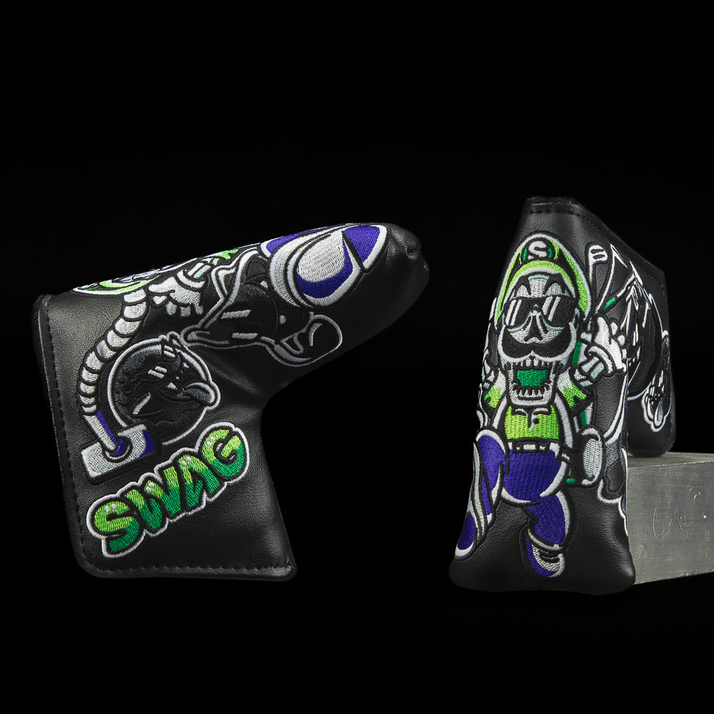 Glow-in-the-Dark Mamma Mia! Blade cover with neon skeleton plumber in green hoodie and purple overalls.