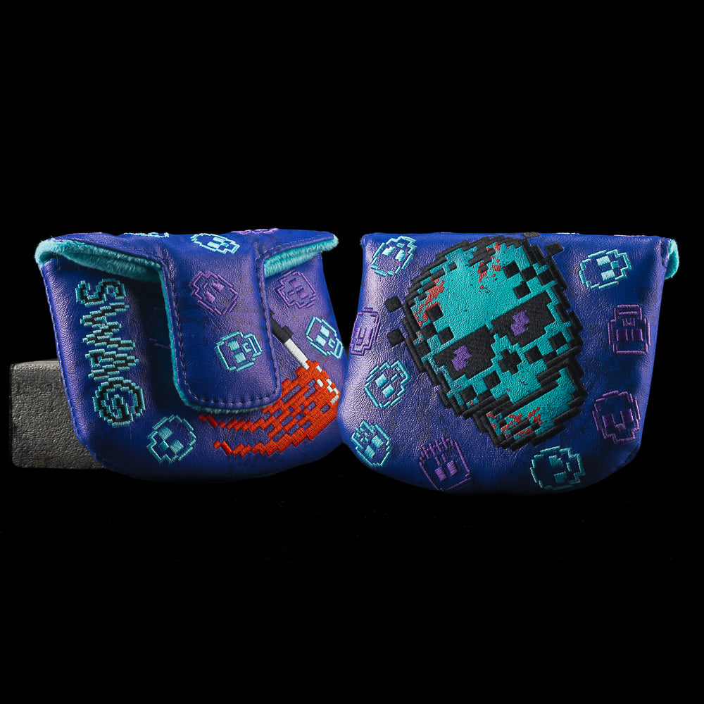 NES Jason Skull Small Center Shaft Mallet Cover in pixel art skull and knife design with purple background.