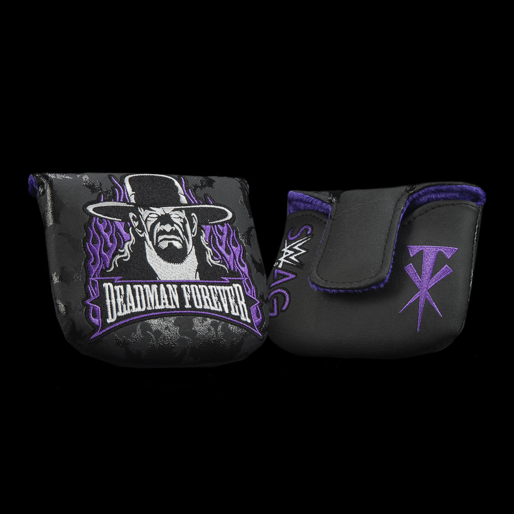 Undertaker Mallet Putter Cover featuring Deadman Forever design with purple flames and WWE logo.