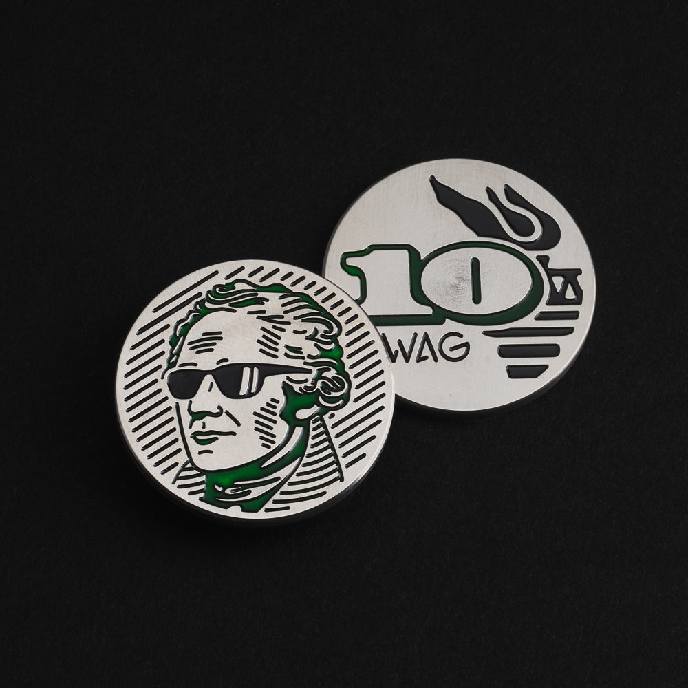 Swag Golf Hamilton stainless steel golf ball marker accessory.