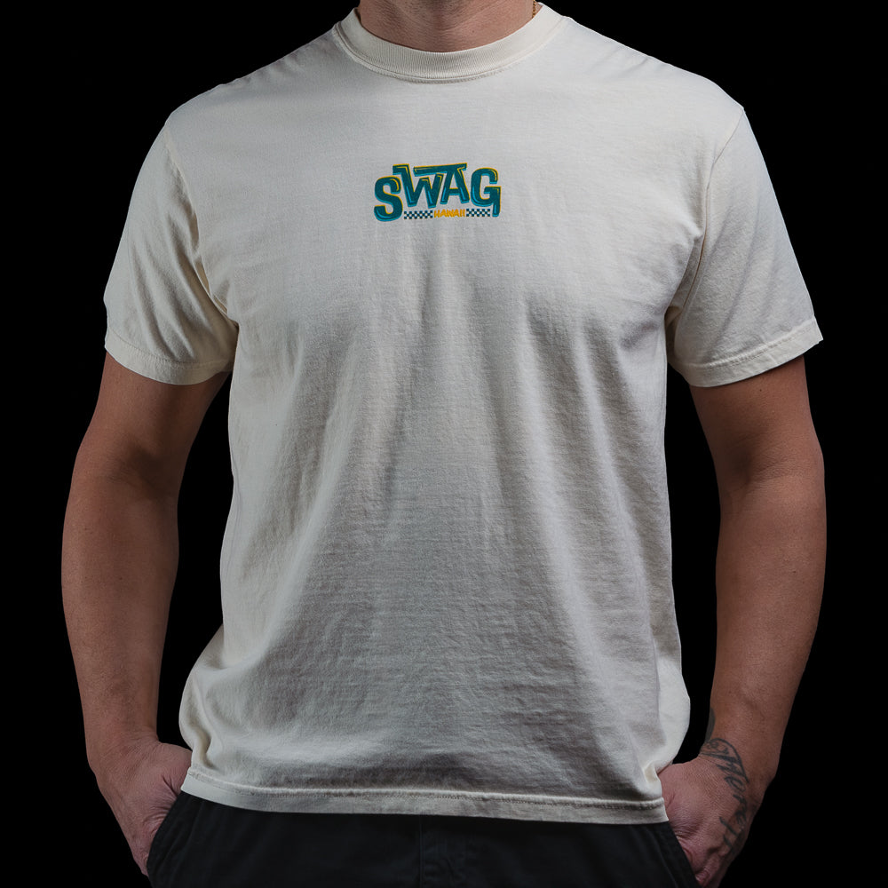 Cream SWAG Golf Birdies & Barrels T-shirt with small teal and yellow SWAG logo printed on the chest.