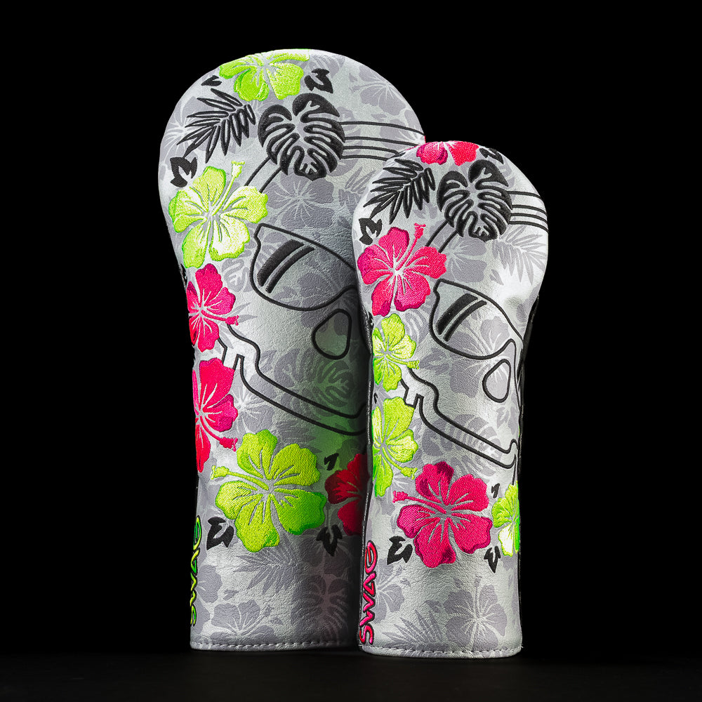 SWAG Golf Floral Skull wood set featuring skull artwork, hibiscus florals, and bold tropical design on driver and fairway covers.
