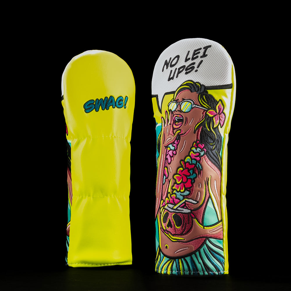 SWAG Golf Hawaiian Cart Girl fairway headcover featuring illustrated island character, lei details, and “No Lei Ups” text.