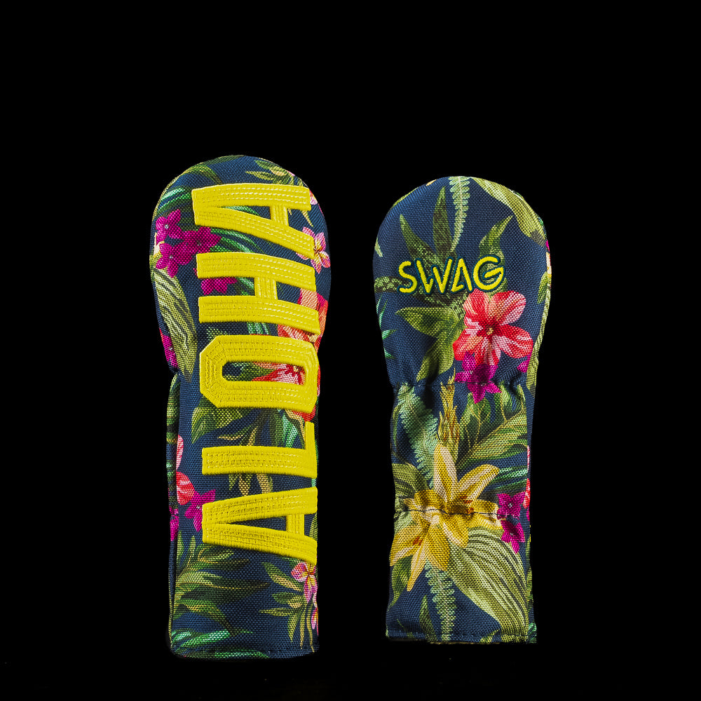 SWAG Golf Aloha Small Talk hybrid cover featuring tropical floral artwork and bold ALOHA text.