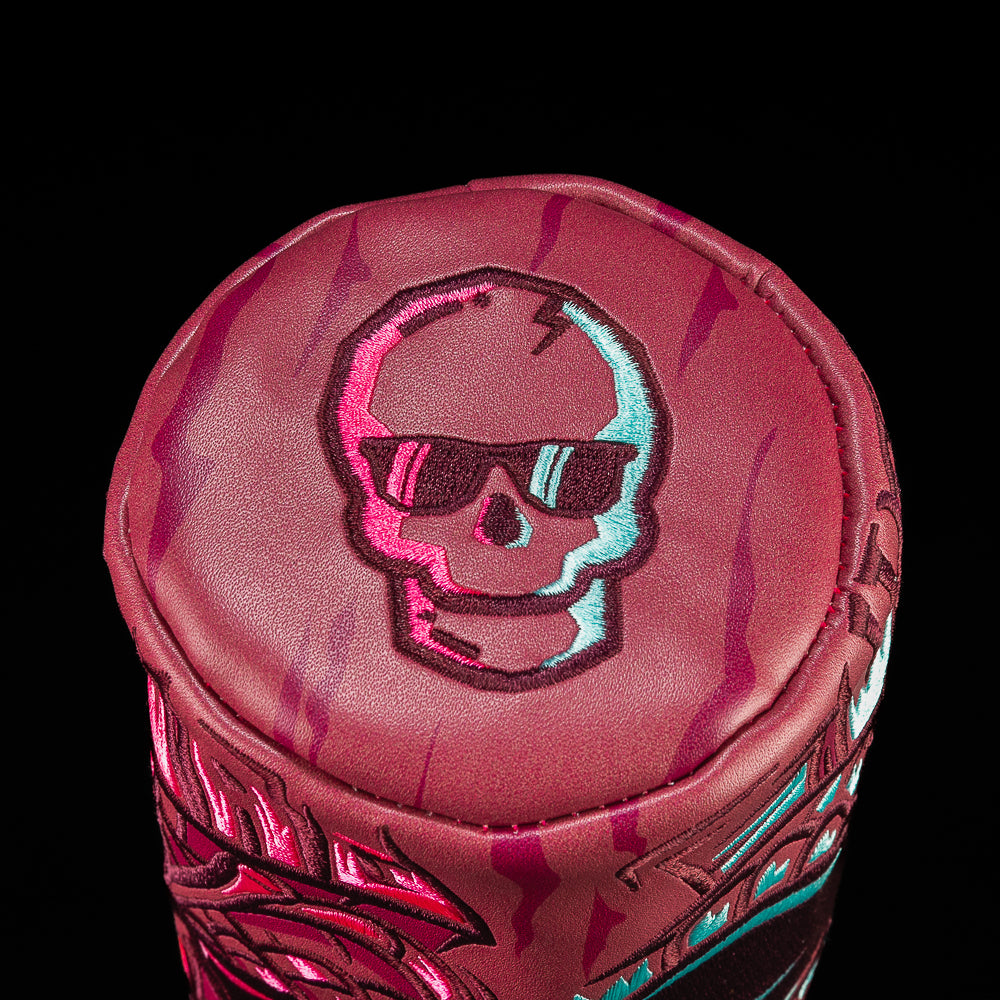 Top view of the Teeki Barrel Fairway Cover. Featuring the signature SWAG skull.