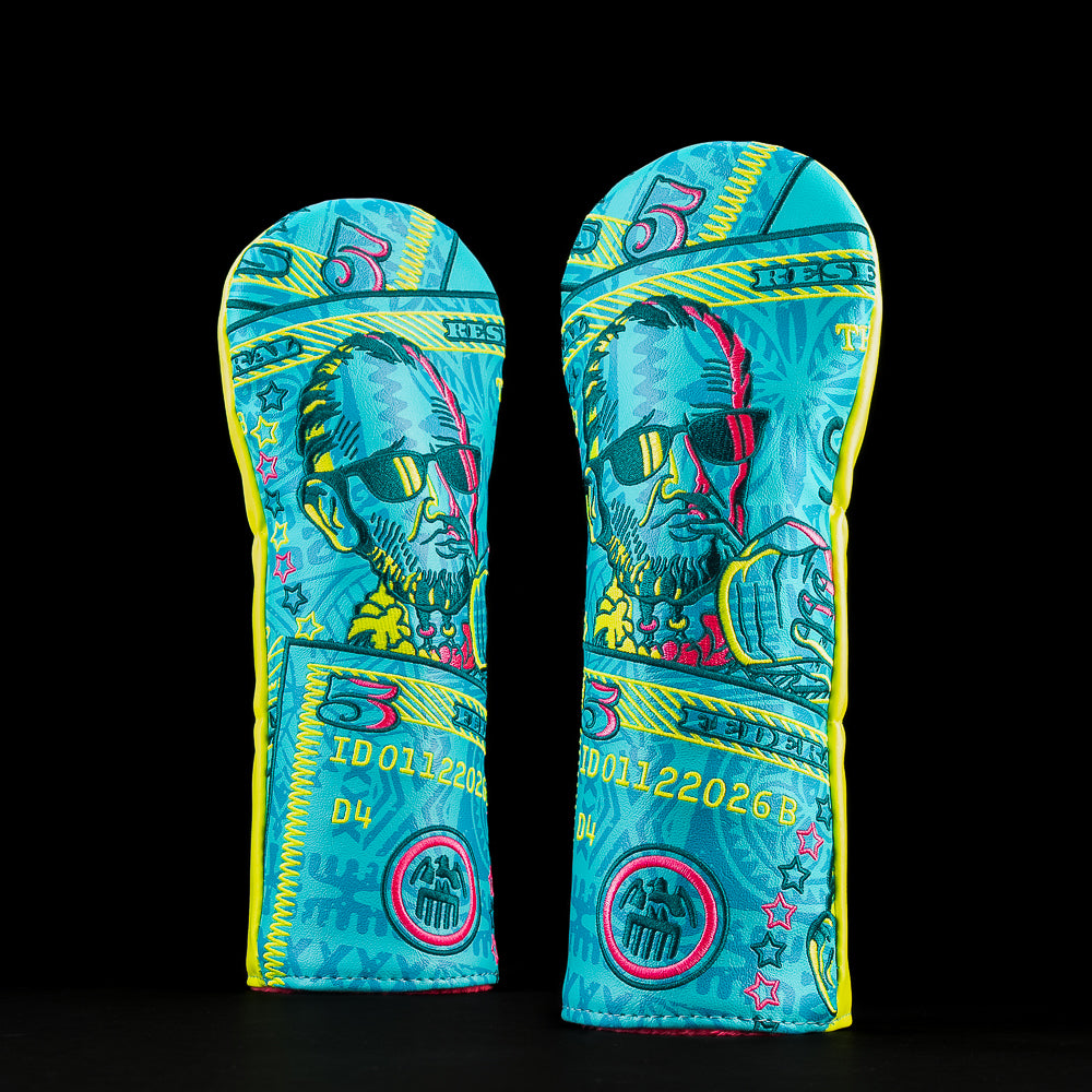 SWAG Golf Tourist Abe fairway headcover featuring stylized Abe artwork, money graphics, neon accents, and premium construction.