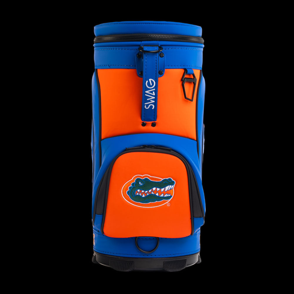Florida Gators Get Out of Our Swamp Den Caddy Cooler with orange and blue color blocking, zipper detail, and Florida Gators logo pocket