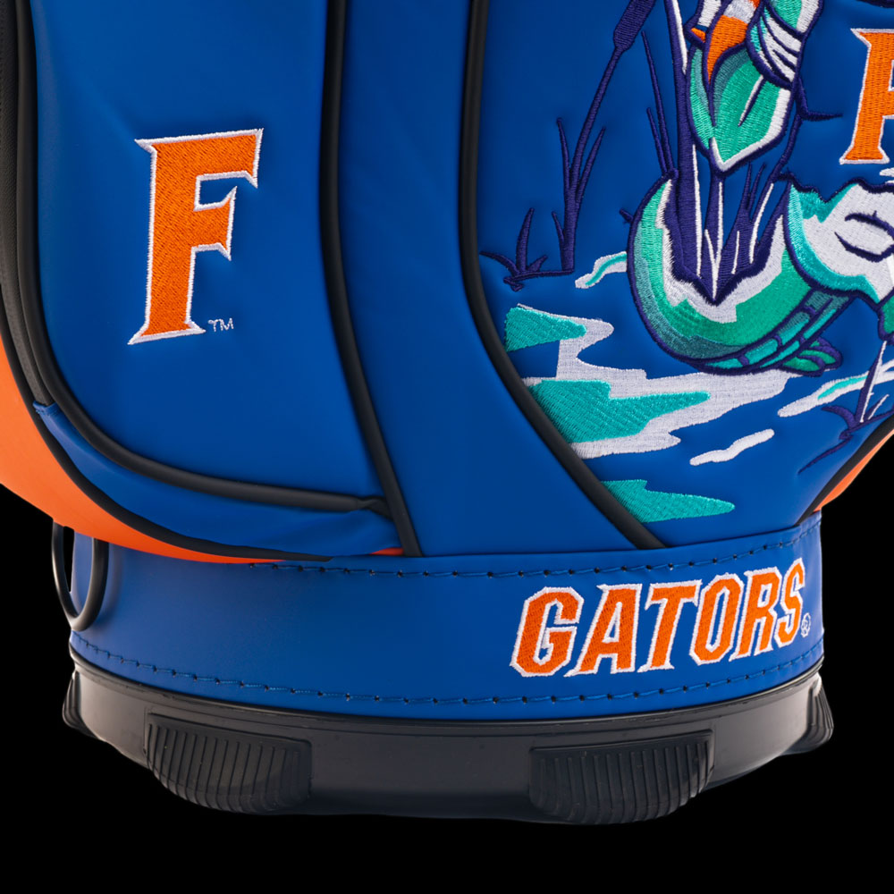 Florida Gators Get Out of Our Swamp Den Caddy Cooler detail featuring orange Florida F, illustrated swamp artwork, and Gators lettering