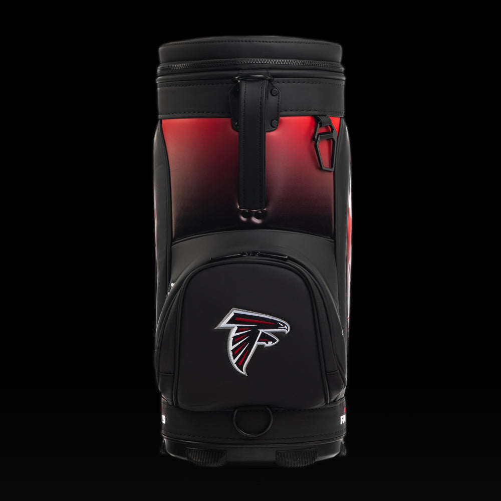 Rear view of the SWAG Golf Atlanta Falcons Den Caddy Cooler highlighting the rear storage pocket and embroidered Falcons logo.