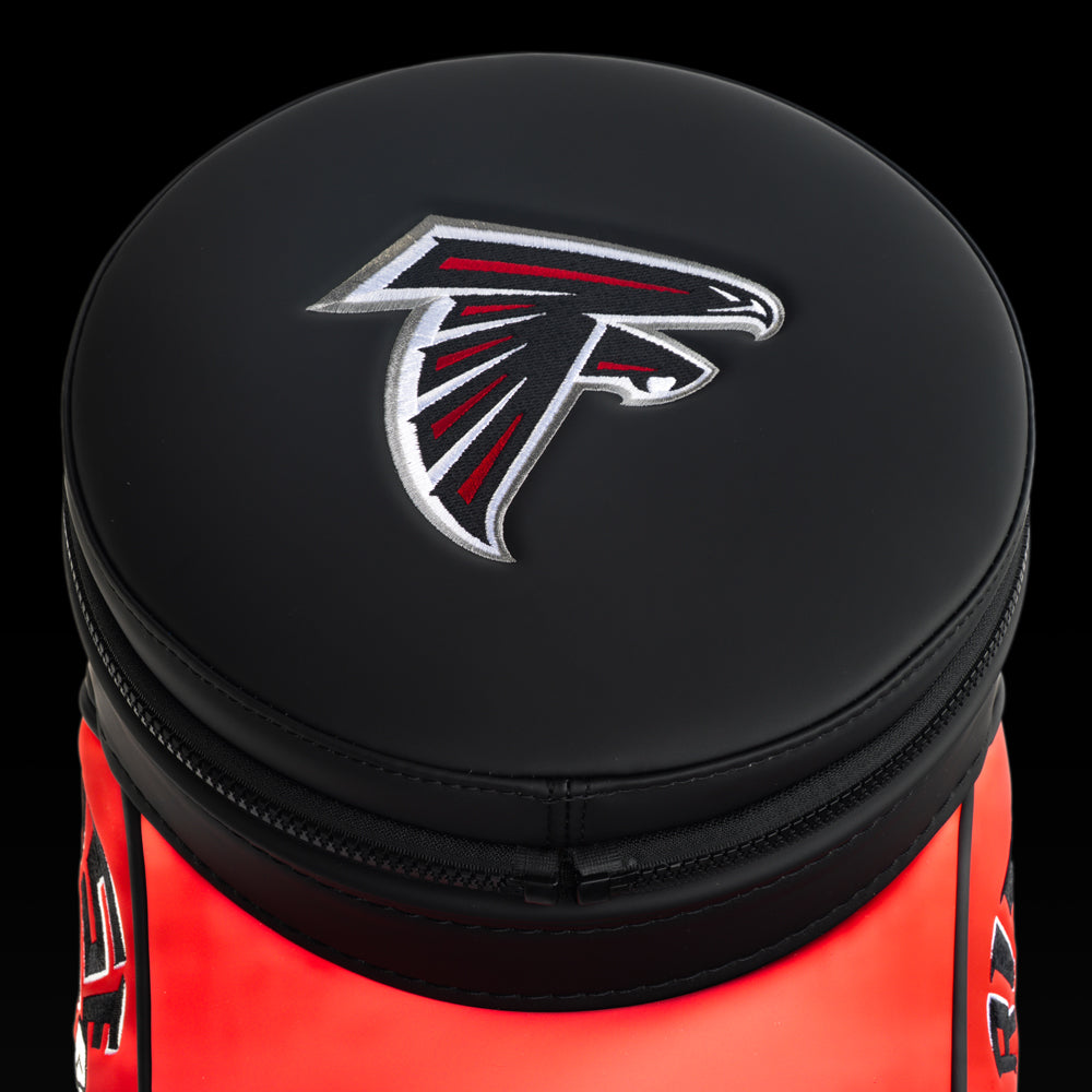 Top view of the SWAG Golf Atlanta Falcons Den Caddy Cooler displaying the embroidered Atlanta Falcons logo on the lid with a premium black finish.