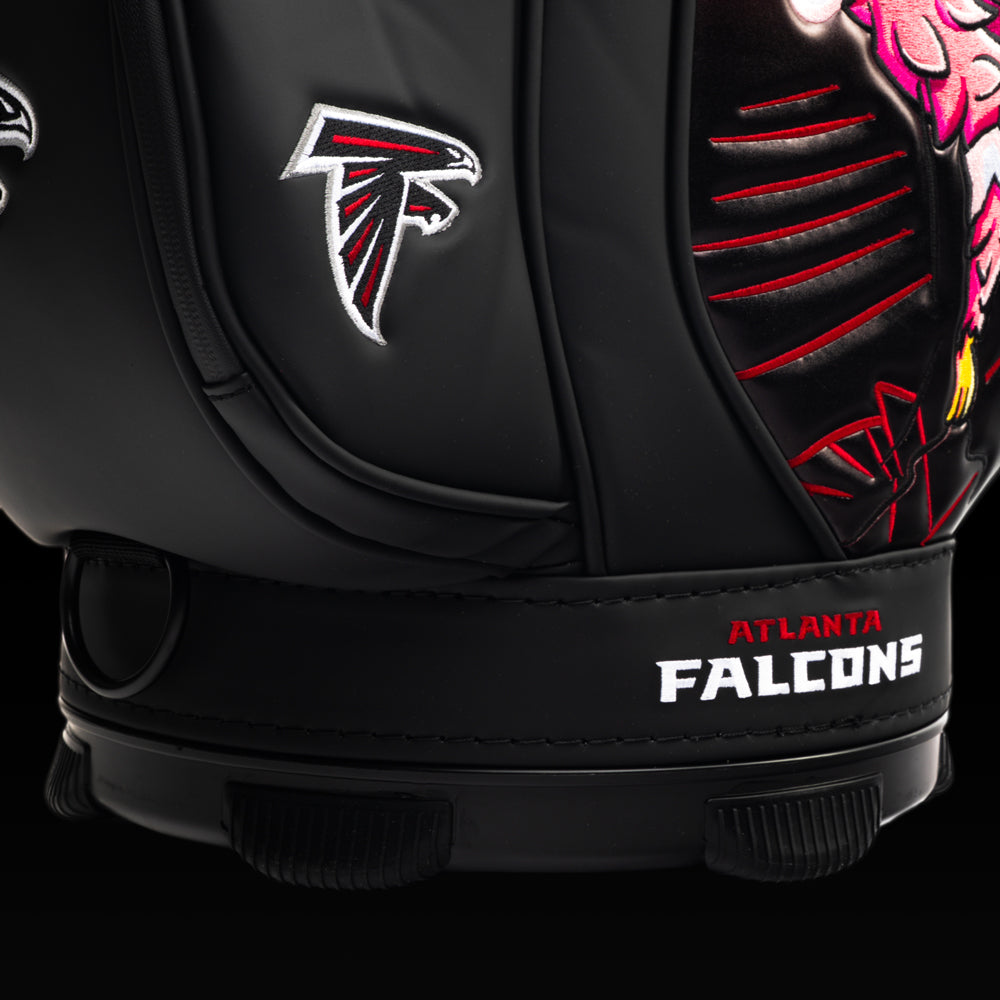 Close-up of the SWAG Golf Atlanta Falcons Den Caddy Cooler featuring the embroidered Falcons logo pocket and Atlanta Falcons wordmark.