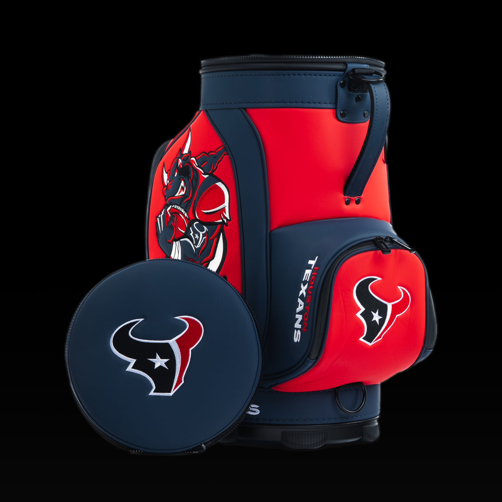 Houston Texans Den Caddy Cooler displayed with the removable embroidered lid beside the cooler.