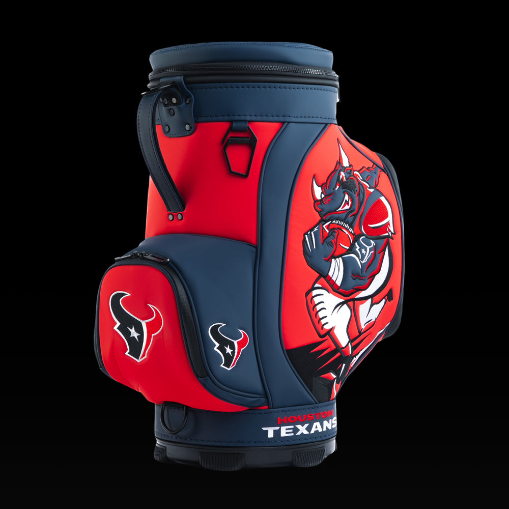 Angled view of the SWAG Golf Houston Texans Den Caddy Cooler showcasing the charging bull artwork and embroidered Texans logo pocket.
