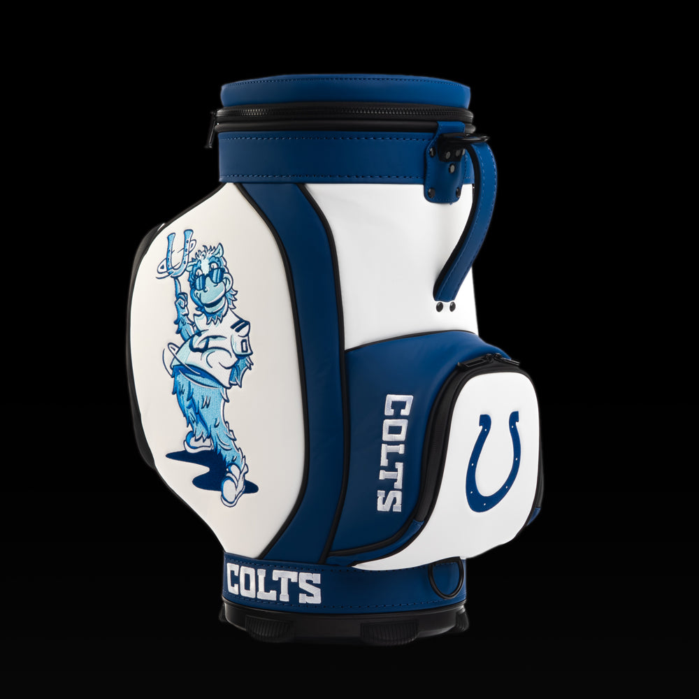 SWAG Golf Indianapolis Colts Den Caddy Cooler featuring vintage Colts mascot artwork, royal blue and white graphics, and an embroidered Colts horseshoe pocket.