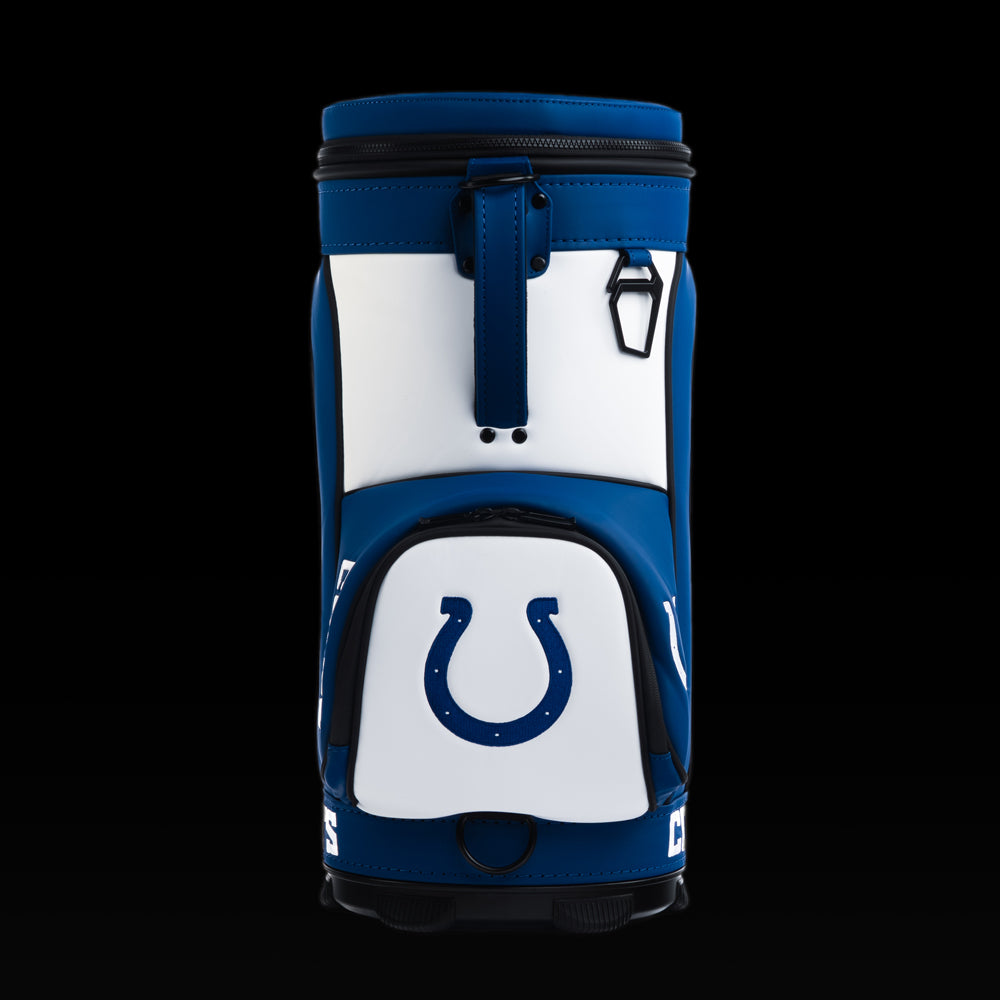 Rear view of the SWAG Golf Indianapolis Colts Den Caddy Cooler with royal blue and white color blocking.