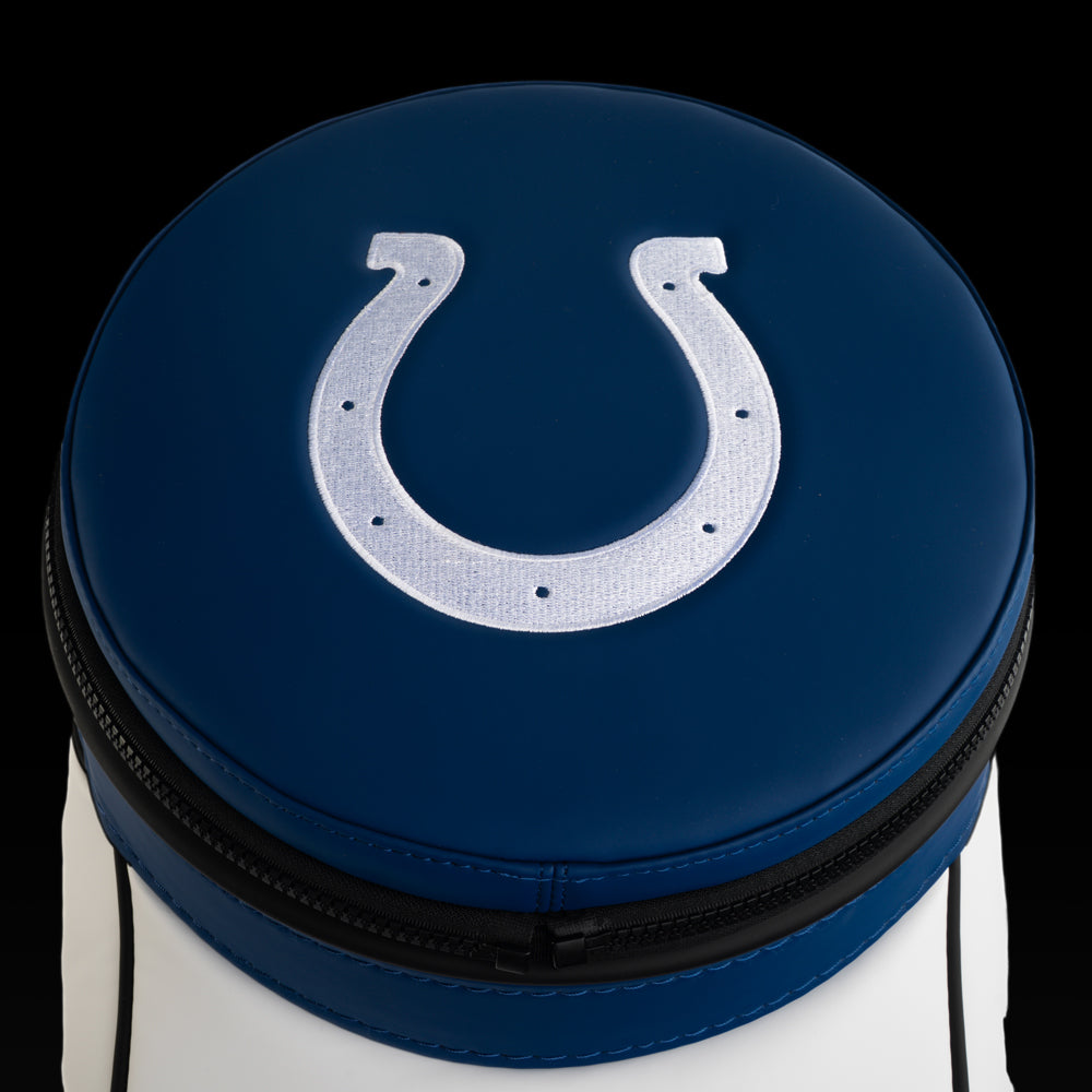Top view of the removable Indianapolis Colts lid with an embroidered Colts horseshoe.